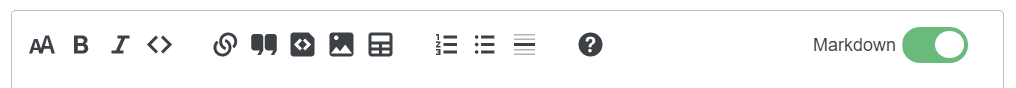A screenshot of the post formatting bar showing the various buttons. In order from left to right there's the header button, bold, italic, inline code, links, quotes, block code formatting, image uploading, tables, ordered lists, unordered lists, horizontal rule, and a question mark for help. On the far right is the "Markdown" switch