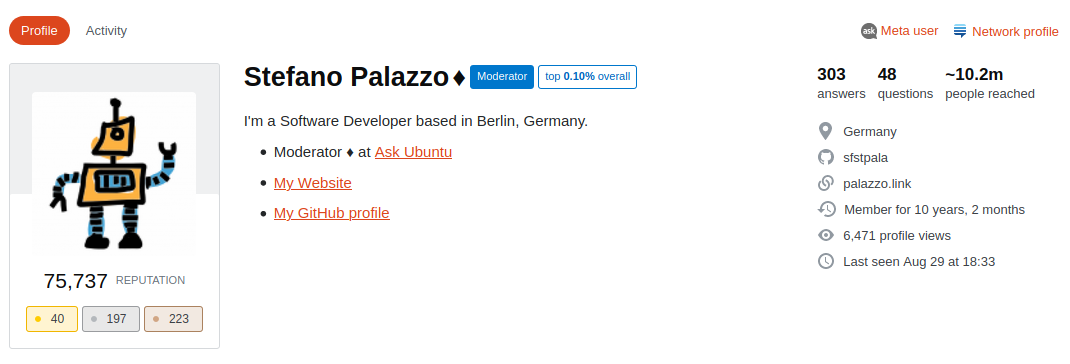 Screenshot of Stefano Palazzo's profile page as on 07/10/2020