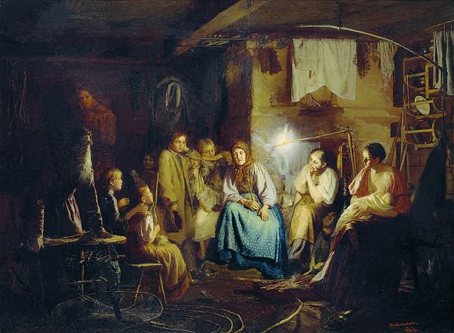 Painting of the interior of a peasant’s cottage by night, with an old woman telling a story to her family sitting around her. She is illuminated by a rushlight, about a metre long, held out horizontally, the unlit end clipped to a wooden pole.