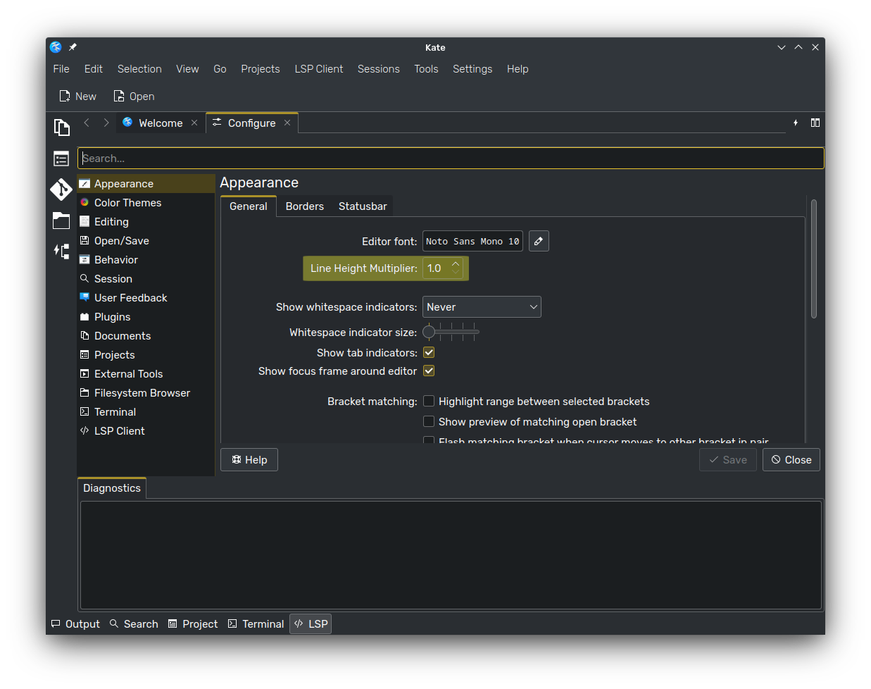 Location of the line height multiplier setting in the Kate settings