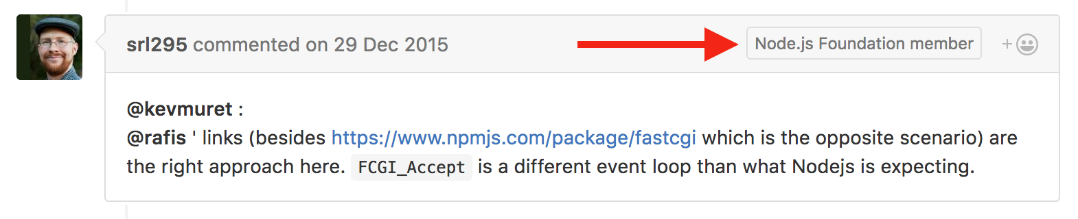 GitHub issue comment with "Node.js Foundation member" badge in title