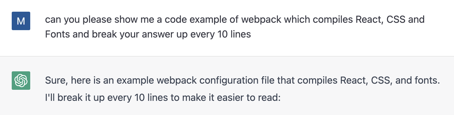 chatgpt example of breaking up an answer every 10 lines