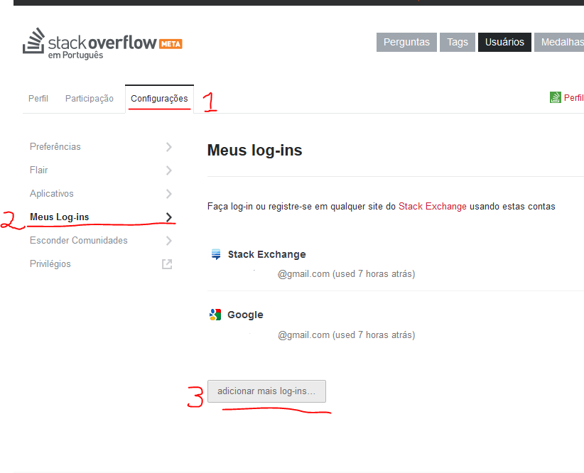 Aba "configurações" > "Meus Log-ins" > "adicionar mais log-ins"