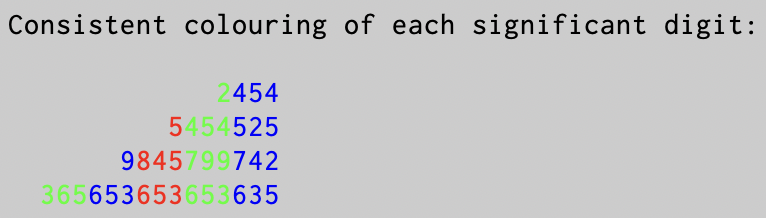 A screenshot of the second solution, displaying numbers with consistent colouring in each significant digit.