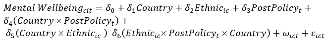 〖Mental Wellbeing〗_cit=δ_0+δ_1 Country+δ_2 〖Ethnic〗_ic+δ_3 〖PostPolicy〗_t+δ_4 (Country  〖PostPolicy〗_t )+ δ_5 (Country  〖Ethnic〗_ic  )   δ_6 (〖Ethnic〗_ic  〖PostPolicy〗_t   Country)+ω_ict+ε_ict