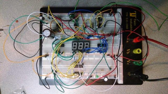 Picture of circuit on breadboard with many wires