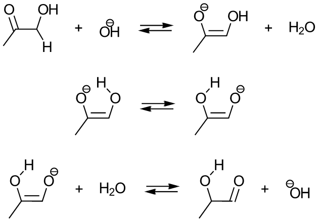 a reaction scheme showing the tautomerization of alpha hydroxy acetone to 2-hydroxypropanal in basic solution via the enolate ion