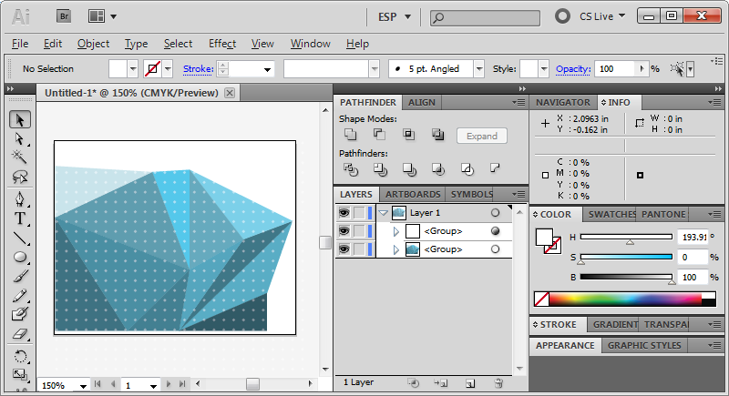 Illustrator Screenshot: some colored triangles with transparent white dots