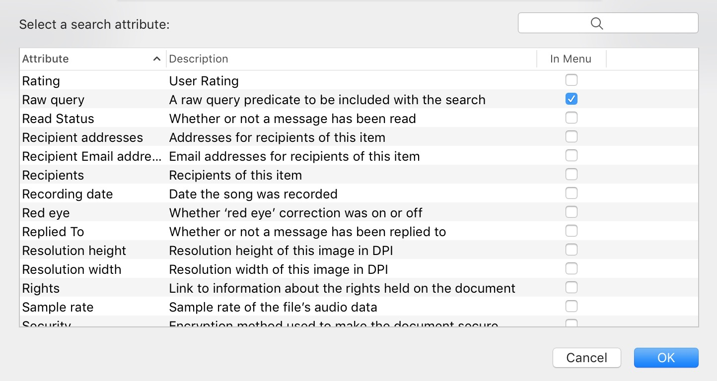 Selecting Search Attributes in macOS