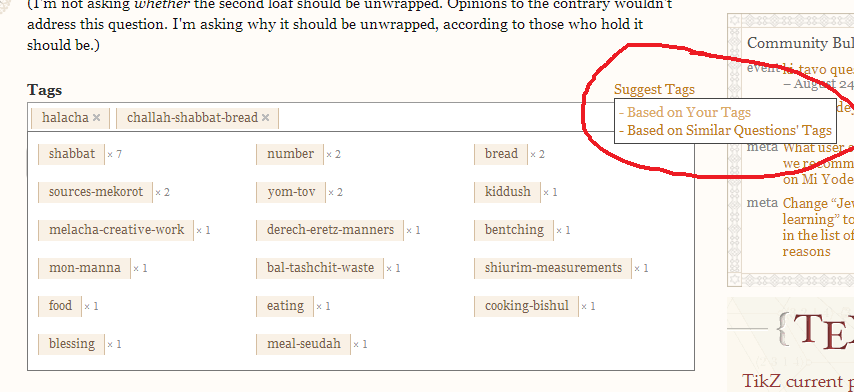 (The "Suggest Tags" link selected, displaying two options: "Based on Your Tags" and "Based on Similar Questions' Tags"; the former is selected, and a bunch of tags are displayed as options to choose among.)