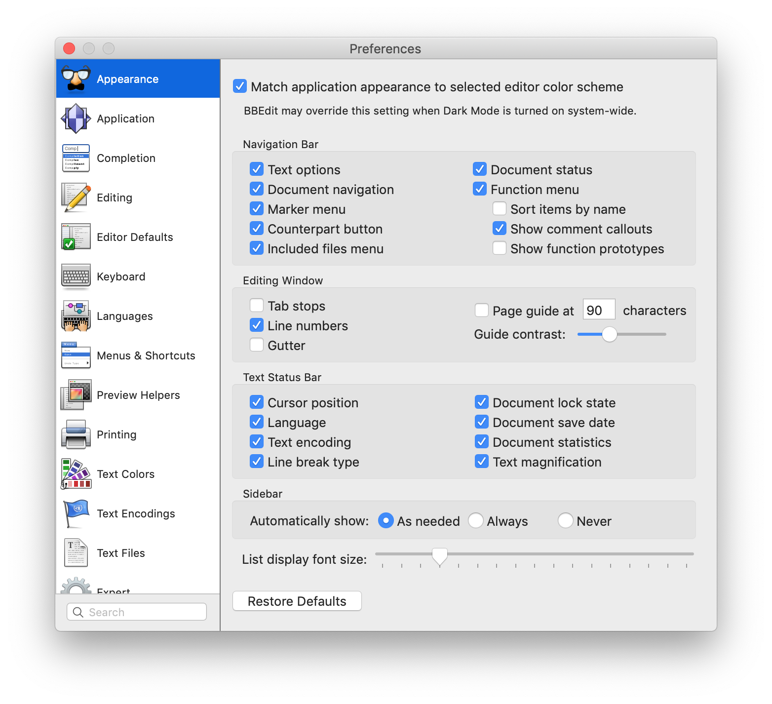 BBEdit Preferences Window