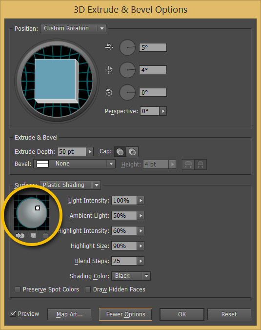 3D Extrude and Bevel Options window with More Options visible