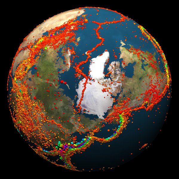 Earth from the north pole with all of the known earthquakes mapped