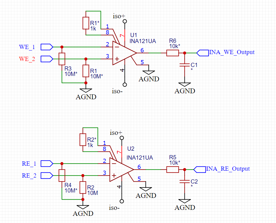 Two DC coupled Instrumentation amplifiers with bias current paths to Analog ground. An asterik indicates component not necessarily placed