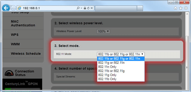 The 802.11 settings panel for the Adtran router.