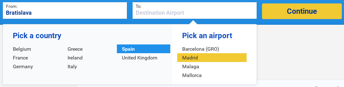 Screenshot of Ryanair's flight booking search engine