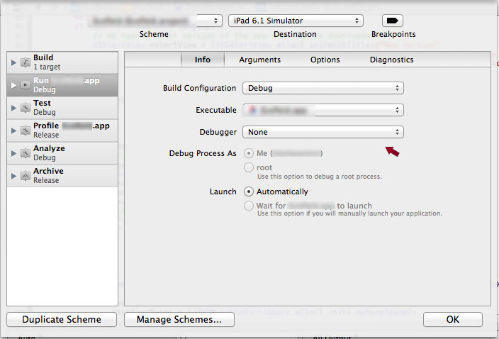 XCode 4 turn off Debugger in Debug scheme