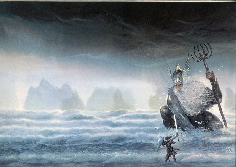 The giant mailed figure of Ulmo, with a flowing white beard, a winged helm and a six-pronged fork in his left hand, squats amid crashing breakers and leans forward to to face Tuor.  Tuor, unhelmed and in loose windblown garb, is facing away from the viewer, at the edge of the surf, holding his triangular shield and giant sword, in left and right hands respectively, above shoulder height.  The confrontation takes place in the right third of the panel, with towering breakers beneath a lowering sky and tall shadowy rocks in the distance filling the remainder.  A single phlange of Ulmo's hand is longer than Tuor's forearm.