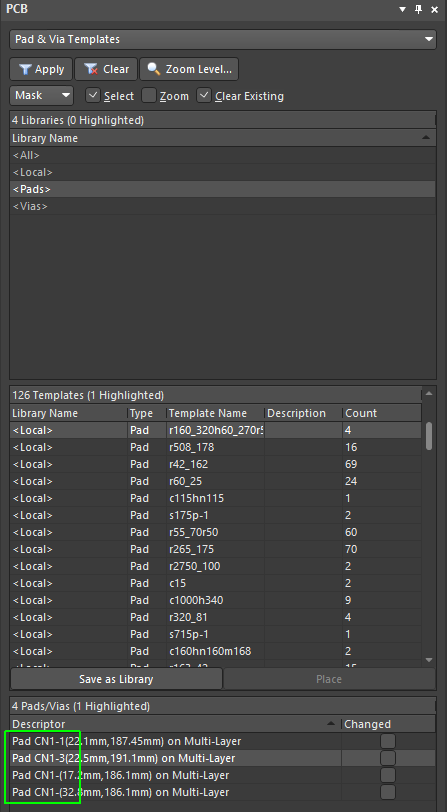 PCB panel in Altium showing pad selection