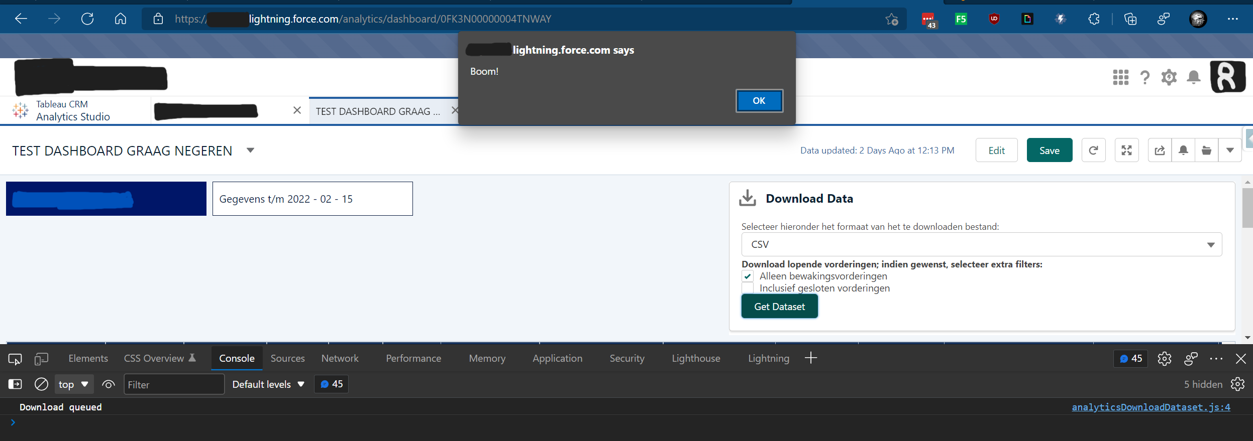 No Toast shown in Tableau Dashboard Viewer. Other alerts are shown.