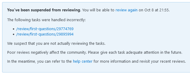 Screenshot of review ban message