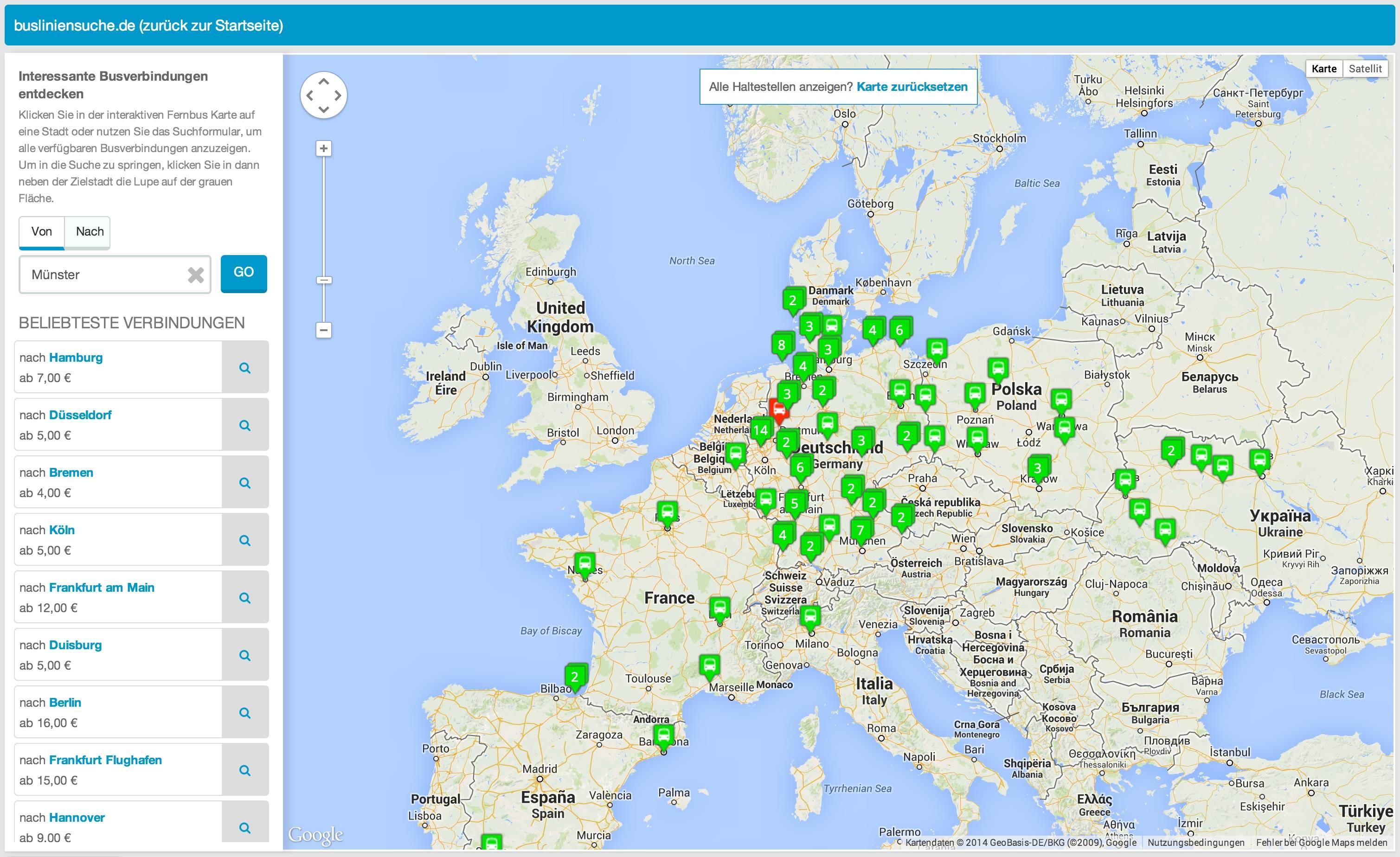 Screenshot of German map with bus destinations