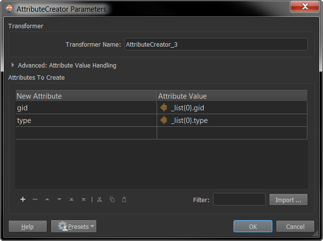 AttributeCreator Parameters