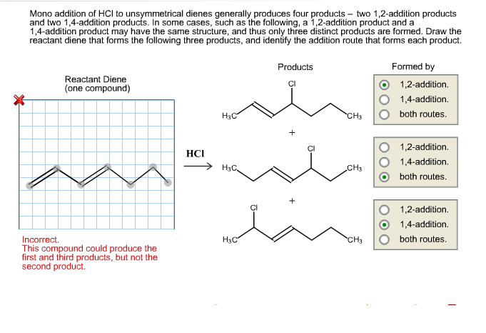 Finding reactant unsymmetrical diene that yields all four 1,2 and 1,4-addition products and the correct reaction pathways that lead to the 3 products