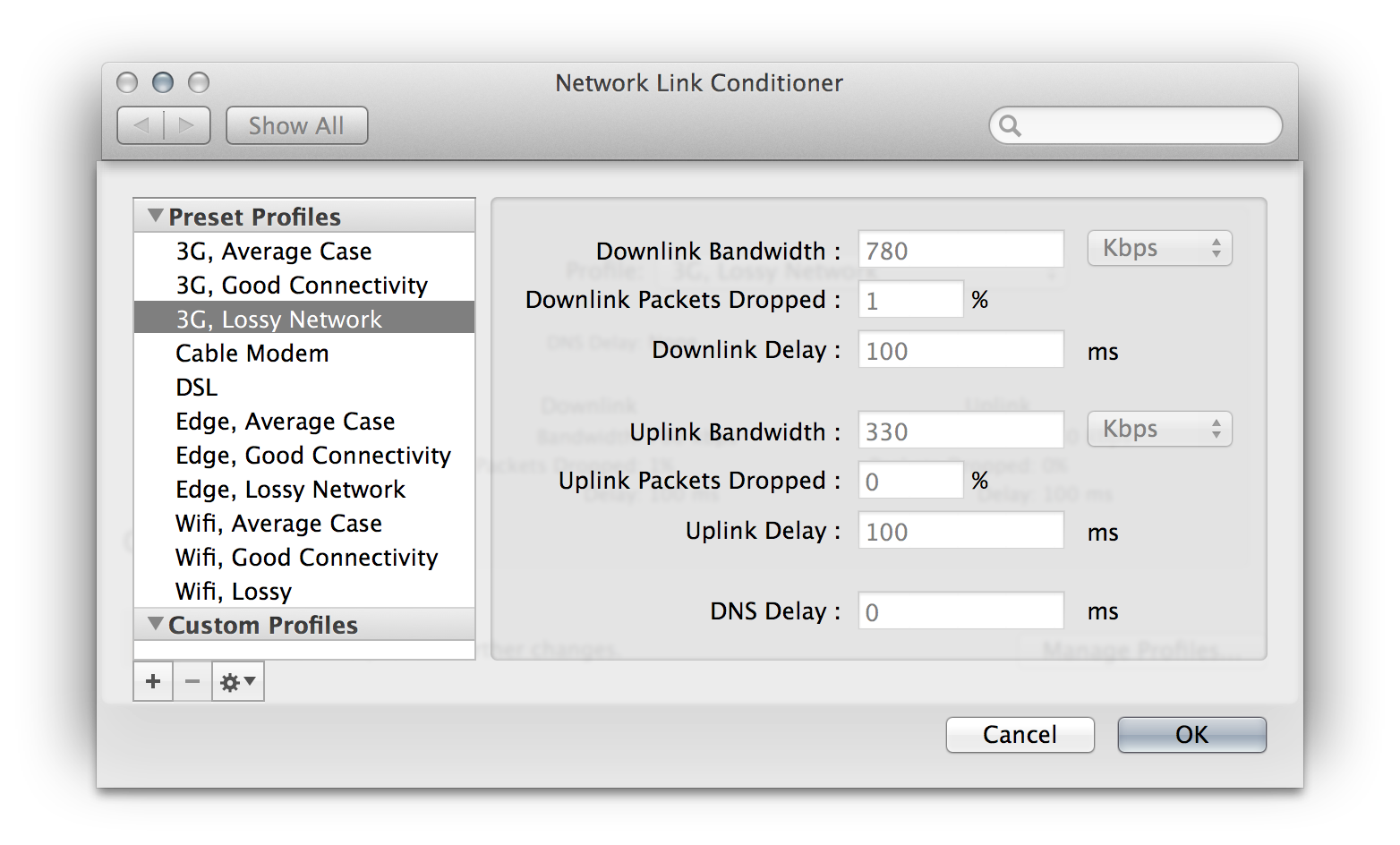 Network Link Conditioner Custom Profiles