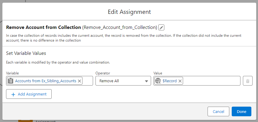 assignment element to remove record from collection