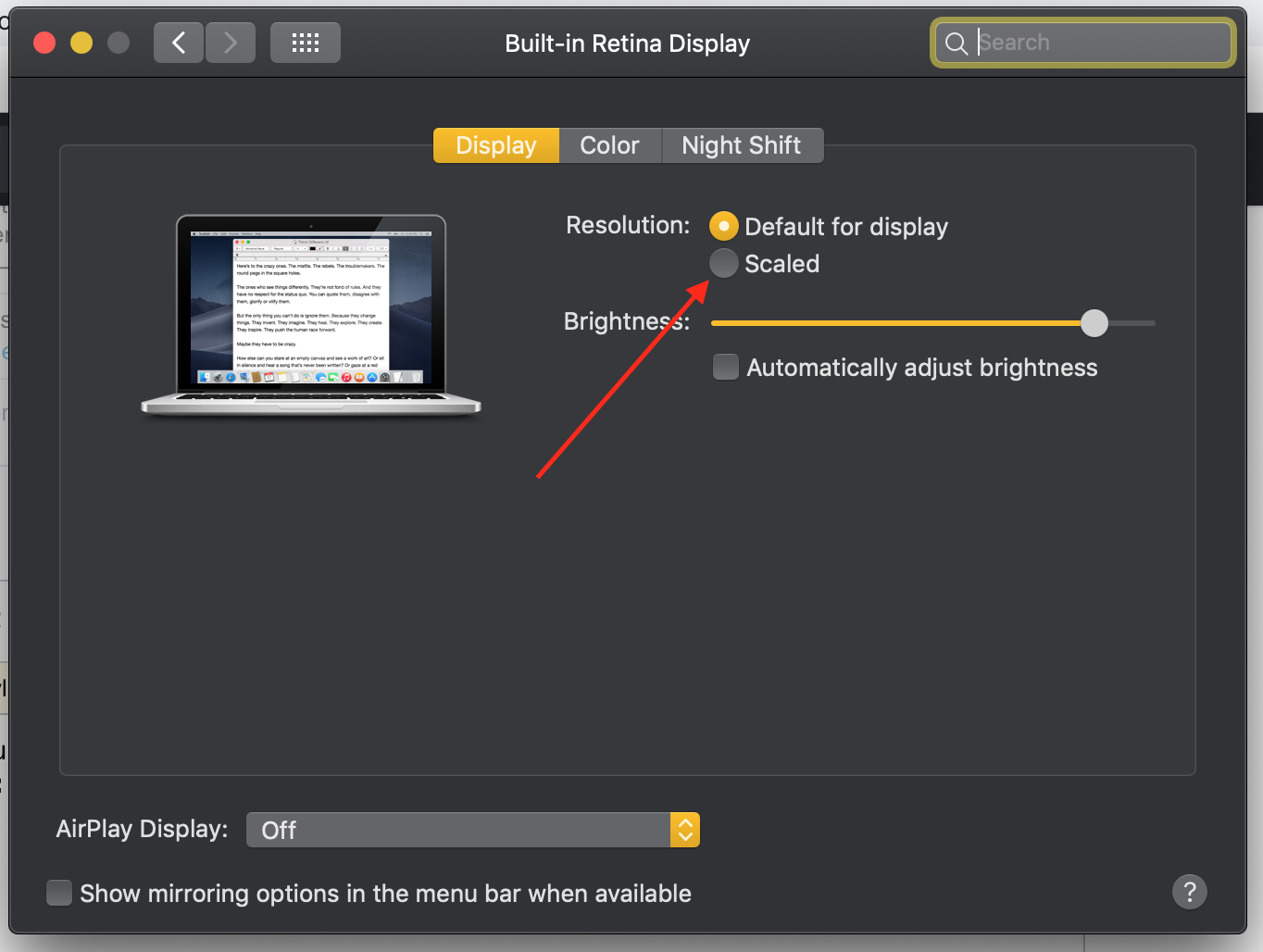 Display Settings in System Preferences