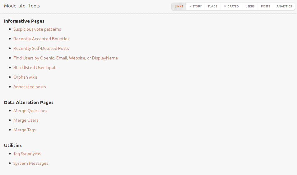 mod tools overview with links to stuff of interest to mods like user info, merges, possibly dodgy goings on