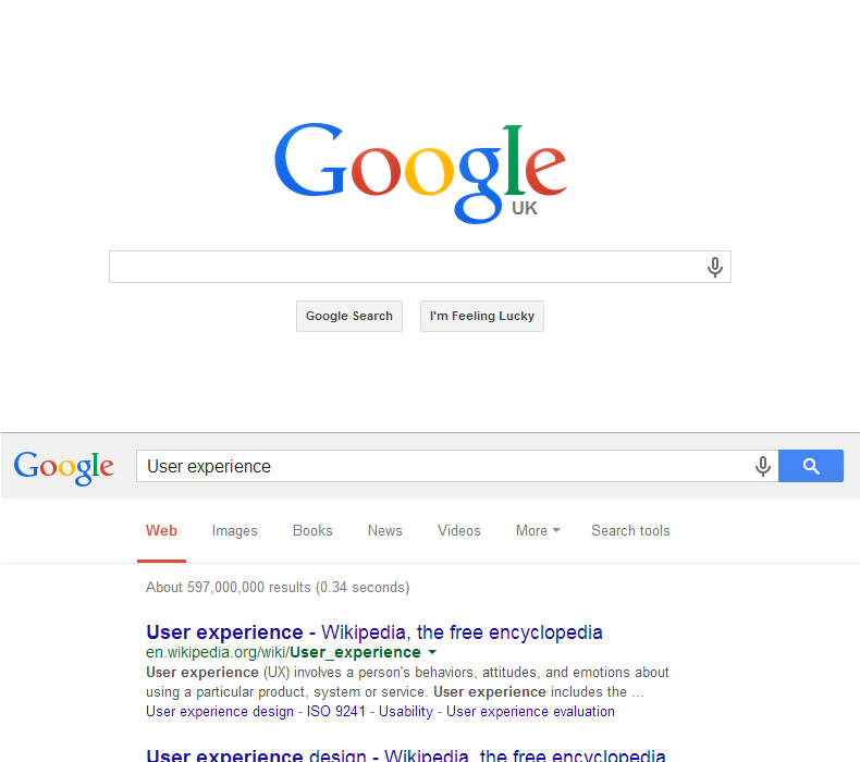 Google search, initially in the centre, moves to the top on entering text