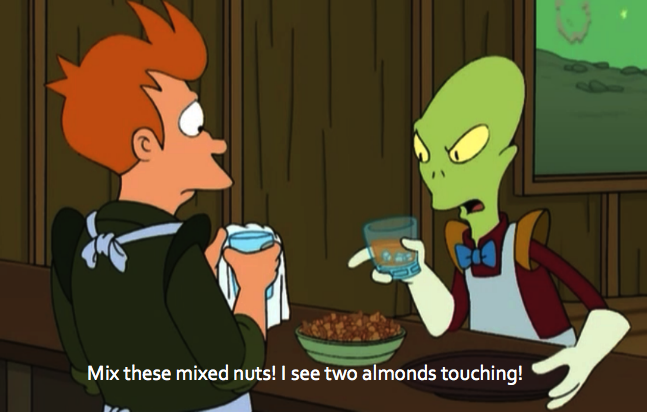 Mixed nuts? I see two almonds touching!