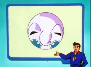 an image taken from the Pokémon cartoon series, showing a man wearing a blue cardigan with a yellow 'P' in it, pointing to a screen showing a Jigglypuff seen from above, proving it to be perfectly round