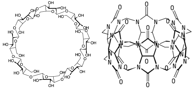 cyclodextrin (left) and cucuribituril (right) structures.