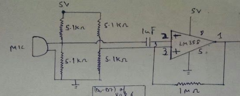 This is a part of the circuit which is supposed to amplify the mic output voltage to a range of 0-5V