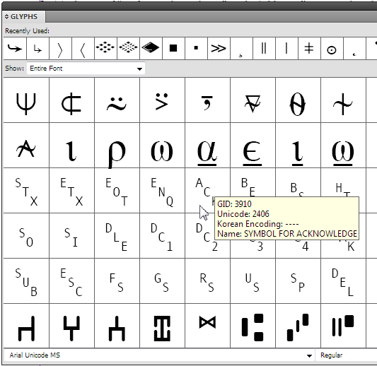 glyph set for Control Characters