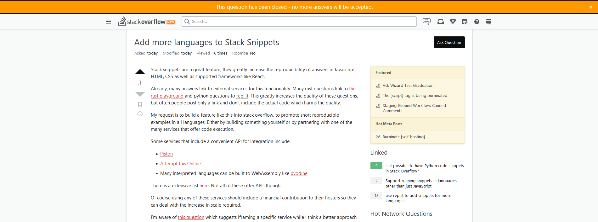 Question with a notification on the top reading "This question has been closed - no more answers will be accepted." The notification is on orange background.