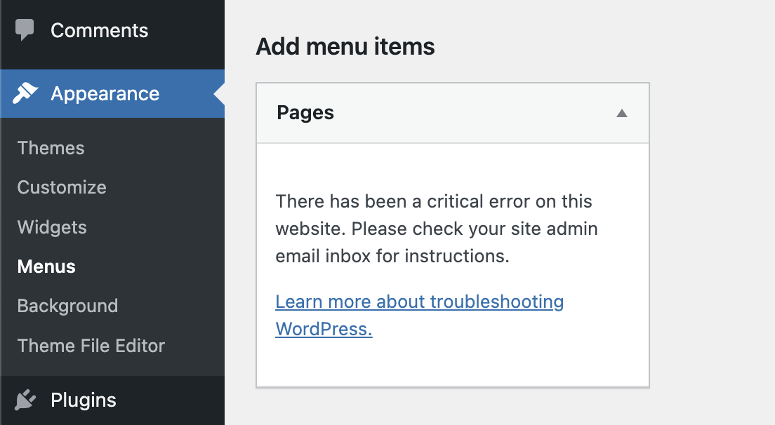 wp menu error