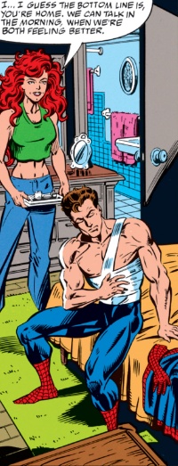 Amazing Spider-Man 378: Peter sat on the edge of his bed with his shirt off and his abdomen bandaged up showing his muscled figure