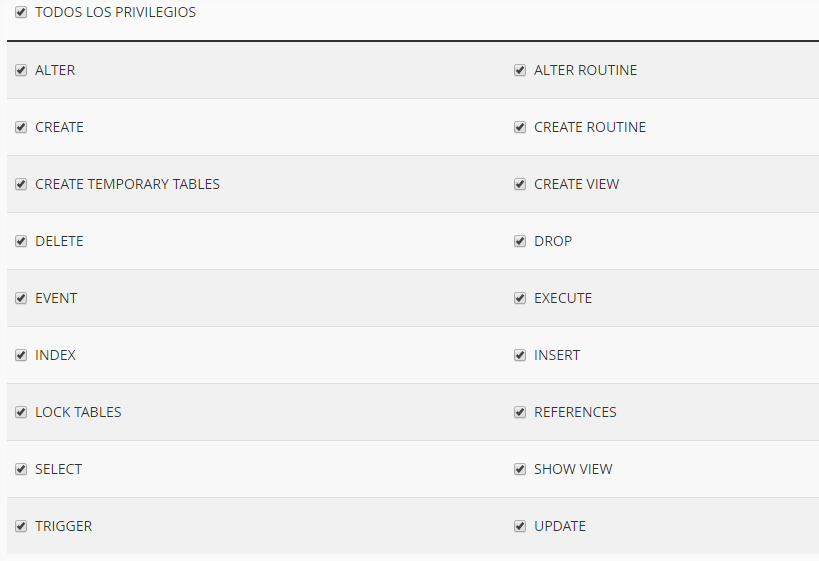 Privilegios del usuario quien hace conexión con la BD