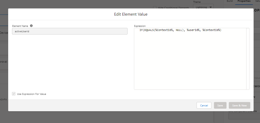 Screenshot of Set Values element, with a formula that uses either the ContextId or the userId 