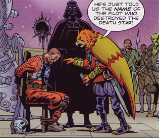 A rebel pilot sits slumped in the chair to which he is bound by the ankles and his arms behind his back.  His helmet sits on the ground beside him and blood is running from his ear.  Above his head an Imperial interrogation droid hovers, and a bird-headed alien in a wing-shaped yellowish cape and purple pantaloons faces him.  Vader stands just behind, observing, with other aliens in the background.  The bird-headed alien says "He's just told us the name of the pilot who destroyed the Death Star!"