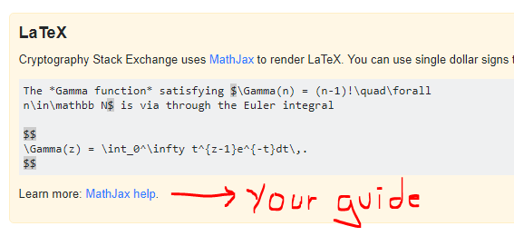 Help topic now ends with "Learn more: MathJax help" where "MathJax help" links to the guide here on meta