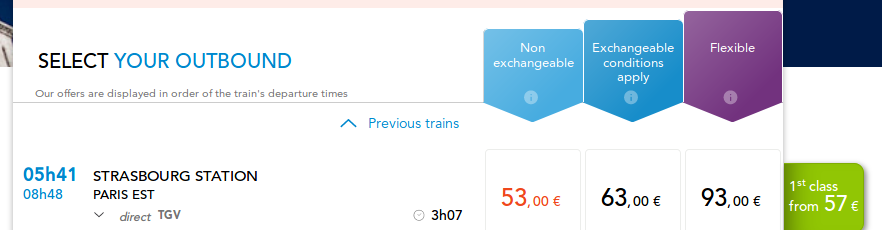 Different ticket prices for a connection from Strasbourg to Paris