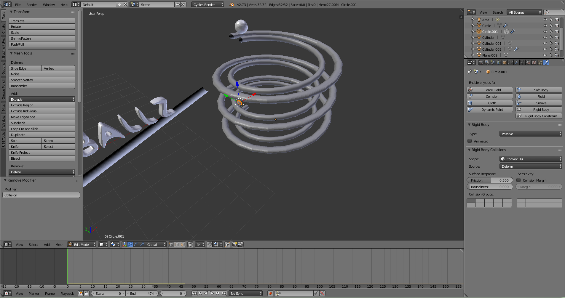 blender showing the rigid body simulation objects and settings