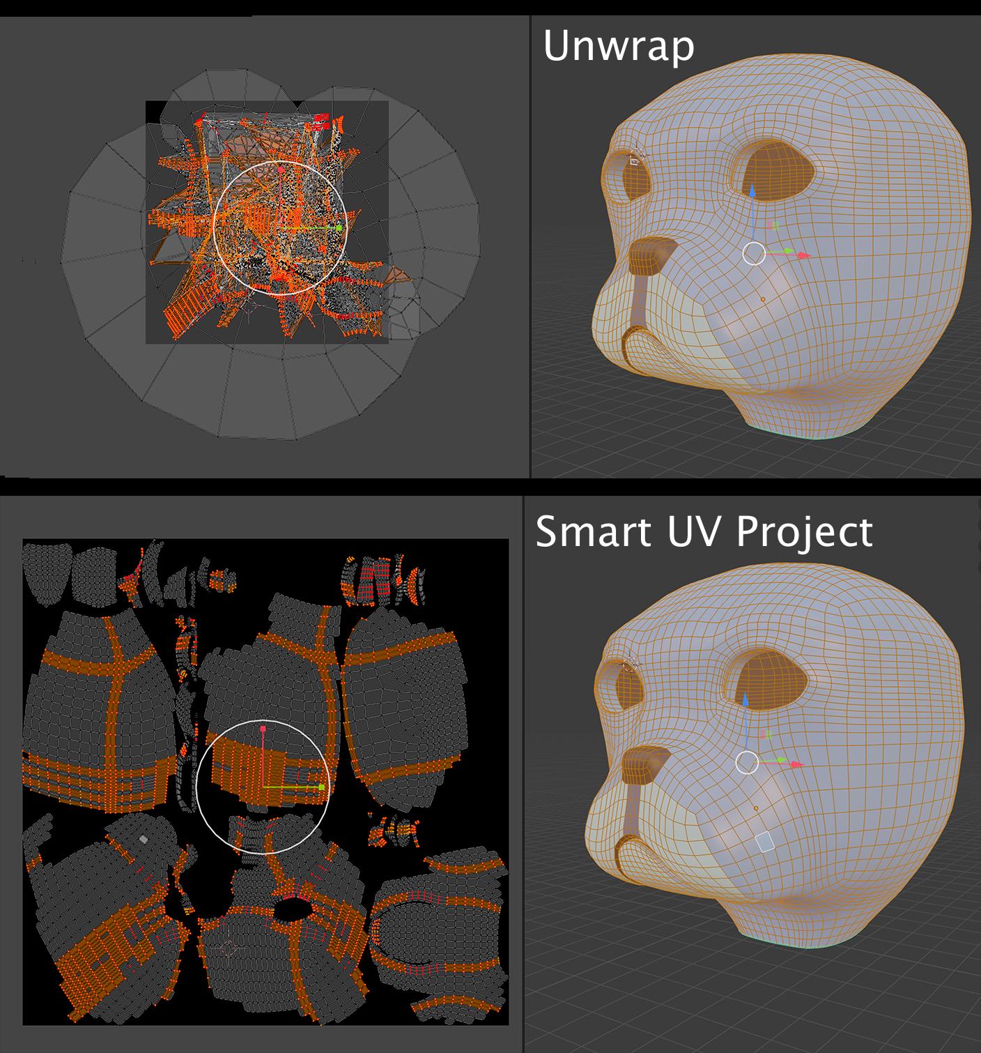 side by side view of the UV Unwrap and Smart UV Project showing the unwrapping problem.