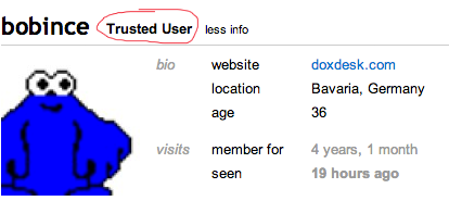 picture of a profile, with the words "trusted user" next to the username