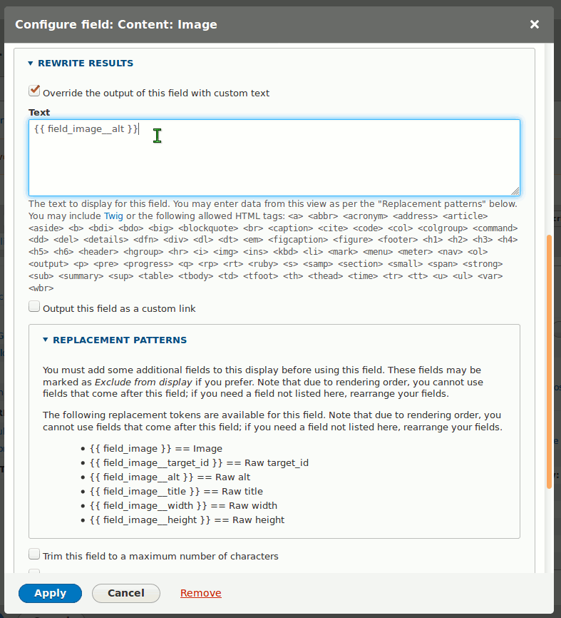 Drupal Image Alt Rewrite results in Views